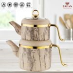 Hakan Melody Turkish Tea Pot Set | 3.5 L Tea Kettles for Stovetop with Stainless Steel Handless and Glass Lid | Aluminum Body Tea Maker | Double Stovetop Kettles with Granite Cover (cream) - Image 5