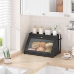 Bamboo Bread Box with Shelf for Kitchen Counter-Large Capacity Bread Storage Container with Wavy Arcylic Transparent Door Bamboo Wooden Farmhouse Bread Box for Your House (Black) - Image 3