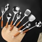 304 Stainless Steel Cooking Utensils Set,9PCS Metal Kitchen Utensils Set with Wooden Handle,Solid Spoon,Spatula,Ladle,Skimmer,Spaghetti Spoon,Dishwasher Safe - Image 4