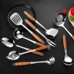 304 Stainless Steel Cooking Utensils Set,9PCS Metal Kitchen Utensils Set with Wooden Handle,Solid Spoon,Spatula,Ladle,Skimmer,Spaghetti Spoon,Dishwasher Safe - Image 8