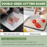 Cutting Board Double Sided,Large Stainless Steel Cutting Boards,Wheat Straw Cutting Boards for Kitchen,for Meat, Veggies, Fruits, with Easy Grip Handle,Dishwasher Safe (1, Large) - Image 3