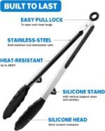 Kitchen Tongs for Cooking, 12 Inch Non Scratch Silicone Tip for Nonstick Cooking Pans, Food Grade Mini Serving Tongs, Pull Lock, Set of 3, Black - Image 3