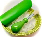 All-in-one Premium Ceramic Garlic Grater Plate 4-Piece Set - Green Embossed Design and Style - For Garlic, Ginger, Chocolate, and more! - Comes with 5.25" Plate, Peeler, Brush, and Stand - Image 3