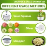 Rorence 3 in 1 Stainless Steel Pump Salad Spinner Food Chopper Set: Large Collapsible Lettuce Spinner, Chopper for Vegetable Slicer and Dicer, 5 QT Mixing Bowl with 5 Graters - Image 3
