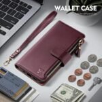 Compatible with iPhone 16e Wallet Case with Card Holder,Women Men RFID Blocking PU Leather Flip Cover Wrist Strap Zipper Credit Card Slots,Phone Case for Apple 16e 2025,Wine Red - Image 3