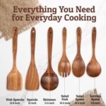 PriorityChef Premium Teak Wooden Spoons for Cooking, Non-Stick Safe and Heat Resistant 6pc Wooden Utensil Set with Hanging Hooks, Wood Cooking Utensils - Image 4