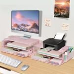 AUPSEN Computer Monitor Stands Riser，2-Tier Desk Organizers and Accessories, Office Desk Accessories Organizer with Drawers and 2 Pen Holder for Office Supplies (Pink) - Image 6