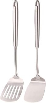 18/10 Stainless Steel Spatulas Set - All Metal Spatulas for Kitchen Use or Outdoor Grilling, 14.7″ Long, Non Toxic, Heavy Duty, Commercial, Chef Grade - 1 Slotted Spatula + 1 Solid Turner for Cooking - Image 2