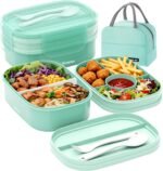2 Layers Bento Box, All-in-One Stackable Lunch Container with Compartments, 64oz Leakproof Microwave Safe Dishwasher Safe Bento Box with Lunch Bag and Utensil Set for Kids and Adults - Image 2