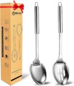 2 Pack Large Cooking Spoon Set, Stainless Steel Serving Spoon and Slotted Spoon for Cooking, Heat Resistant Long Basting Spoons with Round Handle for Mixing and Serving Food - Image 2
