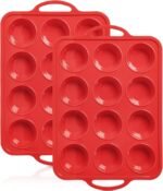2 Pack Silicone Muffin Pan with Metal Frame, Non-stick Regular Silicone Cupcake Pan with Handles 12 Cup, Silicon Muffin Tin Tray for baking, egg bites, Cupcake Mold, BPA Free Red - Image 2