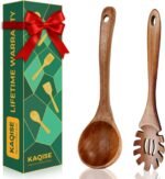 2 Pack Wooden Pasta Spoon and Soup Ladle, Teak Wood Spaghetti Spoon with Teeth, Slotted Spoons for Cooking Serving Collecting Noodle, Nonstick Wooden Kitchen Utensils Pasta Fork with Claws - Image 2