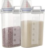2 Pcs 5.5 LB Rice Storage Container, Airtight Cereal Flour Dispenser with Pouring Spout & Measuring Cup, Kitchen Plastic Clear Dry Food Storage Bin for Grain Oatmeal Snacks Pet Dog Food - Image 2