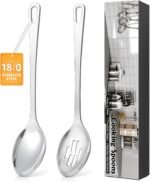 2 Pcs Stainless Steel Cooking Spoons Set, Solid & Slotted Metal Serving Spoons, Heavy Duty Sturdy Large Soup Ladle, High Heat Resistant Kitchen Cooking Utensils for Mixing, Stirring, Easy to Clean - Image 2