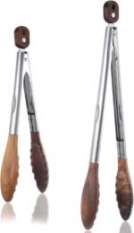 2 Pcs Wooden Tongs for Cooking, 9 & 10 Inch Durable Salad Tongs with Walnut Wood Tip Multifunctional Stainless Steel Handle Kitchen Tong for Serving Food, Bread, BBQ, Tossing Salad - Lock Dsign - Image 2