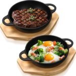 2 Sets Mini Cast Iron Skillet with Wooden Base Small Cast Iron Plates Skillet Pan Round Fajita Plate Hot Steak Pot Dish for Baking Cooking(7.5 Inch) - Image 2