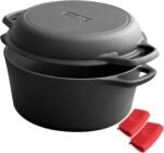 2-in-1 Pre-Seasoned Cast Iron Dutch Oven Pot with Skillet Lid Cooking Pan, Cast Iron Skillet Cookware Pan Set with Dual Handles, Indoor Outdoor for Bread/Frying/Baking/Camping/BBQ, 5 Qt - Image 2