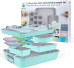 21-pieces Stackable Nonstick Bakeware Set, PTFE/PFOA/PFOS Free Baking Pans Set with Silicone Cup, Oven Mitt, Complete Kitchen Baking Kit for Cake & Loaf, Cookies, Cupcakes - Image 2