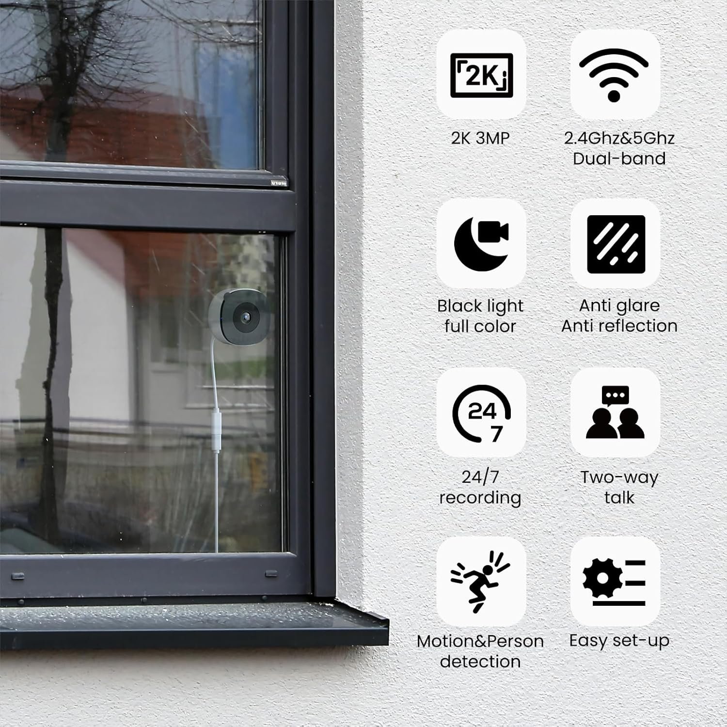 2K No Drill Window Camera-2 Pack 2.4Ghz & 5Ghz WiFi Cameras for Home Security for Indoor & Outdoor Monitoring, Anti-Glare Color Night Vision, Human Detection, 24/7 Recording, Ideal for Apartment, K1 - Image 2