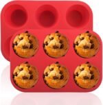 2PCS Silicone Muffin and Cupcake Pan - 6 Cup Non-Stick Mini Baking Molds, Reusable Tin for Brownies, 2 Trays Overlapped (Red, 9.45x6.5x1.57 Inch) - Image 2