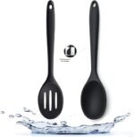 2PCS Silicone Nonstick Spoons, Heat Resistant, BPA Free, Ergonomic, Long Handle, Wide Bowl, Black - Image 2
