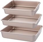 3 Pcs Deep Baking Pans Set, Gold Nonstick Rectangle Cake Pans 13/11/9 Inch, Stackable Oven Trays for Lasagna, Brownie, and Casserole, Heavy Duty Metal Bakeware - Image 2