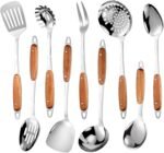 304 Stainless Steel Cooking Utensils Set,9PCS Metal Kitchen Utensils Set with Wooden Handle,Solid Spoon,Spatula,Ladle,Skimmer,Spaghetti Spoon,Dishwasher Safe - Image 2