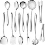 304 Stainless Steel Kitchen Utensils Set, 11 PCS Metal Cooking Utensils Set with Spatula, Spoon, Ladle, Skimmer, Turner, Pasta Server, Tongs - Image 2