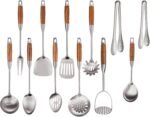 304 Stainless Steel Kitchen Utensils Set with Wooden Handle,12 Pcs Long Heat Resistant Metal Cooking Utensils Set,Spatula, Ladle, Skimmer, Spaghetti Spoon,Tongs,Potato Masher - Image 2