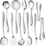 304 Stainless Steel Kitchen Utensils Set,11 Pcs Stainless Steel Cooking Utensils Set, Long Metal Cooking Utensil Gadgets Tools Set with Spatula, Spoon,Skimmer,Tongs etc (Dishwasher Safe) - Image 2
