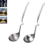 304 Stainless Steel Soup Ladle Hot Pot Ladle Strainer Scoops Set for Cooking, Serving, Soups, Sauces, Stews and More, Silver, 12-Inch (2 Pieces) - Image 2