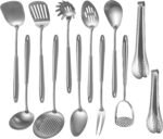 304 Stainlss Steel Kitchen Utensils Set, 12 Pcs Long Metal Cooking Utensil Gadgets Tools Set with Spatula, Ladle, Spoon, Ladle, Skimmer, Tunner, Pasta Server, Tongs(Silver, Dishwasher Safe) - Image 2