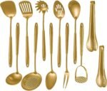 304 Stainlss Steel Matte Kitchen Utensils Set, 12 Pcs Long Metal Cooking Utensil Gadgets Tools Set with Spatula, Ladle, Spoon, Ladle, Skimmer, Tunner, Pasta Server, Tongs(Gold, Dishwasher Safe) - Image 2