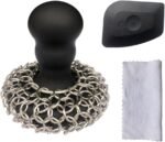 316 Upgraded Chainmail Scrubber with Silicone Handle Cast Iron Cleaner for Cast Iron Grill Pan Skillet Wok Bakeware Ergonomic to Hold Easy to Use Dishwasher Safe, Scrubber + Scraper + Towel (Black) - Image 2