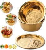 3PC/Set Colander set Stainless Steel Vegetable Slicer Fruit Potato Peeler Carrot Grater Strainer Utensil Round Rice Washer Bowl Drain Basket-Gold - Image 2