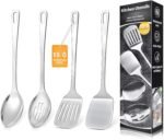 4 Pcs Cooking Utensils Set, Stainless Steel Kitchen Utensils, Heat Resistant Metal Kitchen Tools Include Solid & Slotted Turner Wok Spatula, Serving Spoon, Ergonomic Handle, Easy to Clean, Silver - Image 2