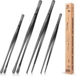 4 Pcs Fine Long Tweezer Tongs Professional Black, 12'' and 10'' Stainless Steel for Kitchen, Food, Cooking, Repairing, Sea food and BBQ - Image 2