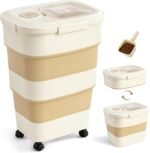 45-50lbs Dog Food Storage Container, Large Capacity Collapsible Airtight Pet Food Storage Containers with Rolling Wheels, Transparent Lid, Scoop and Date Track, Khaki - Image 2
