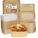 50 Pack 25oz Compostable Take Out Paper Food Cardboard Containers with Lids, Disposable Kraft Paper to Go Boxs, Microwave and Freezer Storage Safe for Salad, Leftovers, Soup, Snack-750ml - Image 2
