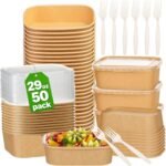50-Pack 29oz Disposable Kraft Paper Bowls 【with Lids and Forks】,Disposable Meal Prep Containers,to go food containers,Microwavable and Freezer Take Out Containers for Hot/Cold Food - Image 2