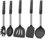 5Pcs Silicone Spatula Heat Resistant Long Large Spatulas Set for Nonstick Cookware, Rubber Pancake Fish Turner Spatula for Kitchen Use Silicone Cooking Kitchen Utensils Set Black - Image 2