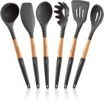 6 Pcs Cookward Silicone Cooking Utensils Set-Natural Wood Kitchen Utensils – Eco Friendly & BPA Free, Non-Scratch & Non-Stick Easy Grip -Dark gray - Image 2