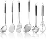 6-Piece Kitchen Cooking Utensils Set, Stainless Steel Kitchen Utensils with Suspendable Handle, Spatula, Slotted Turner, Soup Ladle, Slotted Spoon, Whisk, Pasta Server, Dishwasher Safe - Image 2
