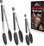 600ºF Heat Resistant Kitchen Tongs, Premium Locking Cooking Tongs with Silicone Tips, Non-Slip Food Tongs for Cooking, Non-Stick, Heavy Duty Stainless Steel Handle, Set of 3-7" 9" and 12" Black - Image 2