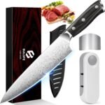 8 Inch Chef Knife, Kitchen Knife with Sharpener and Finger Guard, Professional Steel Sharp Chef's Knife Set with Ergonomic Handle, Gifts for Christmas, Black - Image 2
