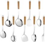 9pcs Cooking Utensils Set 304 Stainless Steel Kitchen Utensils with Wooden Hanlde Metal Kitchen Utensils Soup Ladle Set Dishwasher Safe Kitchen Essentials Set Kitchen Tool Set, Dishwasher Safe - Image 2
