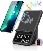 AFK Wireless Charging Station with Bluetooth Speaker and Alarm Clock,Wireless Charger Compatible with iPhone,Android Phones(Black) - Image 2