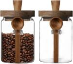 ANSQU Set of 2 Glass Food Storage Jars with Bamboo Wood Lid and Spoon, 20.3oz Glass Kitchen Canisters for Coffee, Tea, Cereal, Spice and Canning, Mason Jars, Cute Jar - Image 2