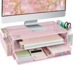 AUPSEN Computer Monitor Stands Riser，2-Tier Desk Organizers and Accessories, Office Desk Accessories Organizer with Drawers and 2 Pen Holder for Office Supplies (Pink) - Image 2