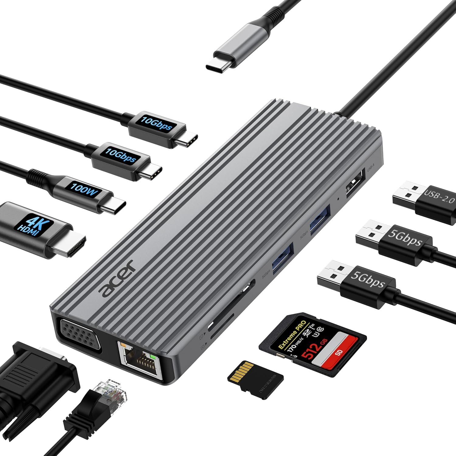 Acer 11 in 1 USB C HUB Multiport Adapter with 4K@60Hz HDMI, 2x10Gbps USB C, 2x5Gbps USB A, 100W PD Port, 1000Mbps Ethernet, 1080P VGA, SD/TF, Laptop Docking Station Dual Monitor for PC, Desktop - Image 2